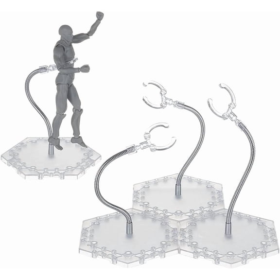 4 Sets Adjustable Clear Snake Arm Stand Holder Base for Action Figure Collectible Model Display Bendable Alloy Support Arm Durable Plastic Base for Waist 3cm Model Display