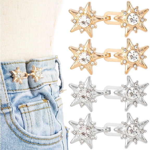 4 Sets Adjustable Waist Tightener Buttons for Women, No Sewing Rhinestone Star Jeans Waist Pin Button, Detachable Star Jeans Clip Buckles for Pants Skirt Waist Too Loose Big- Silver & Gold