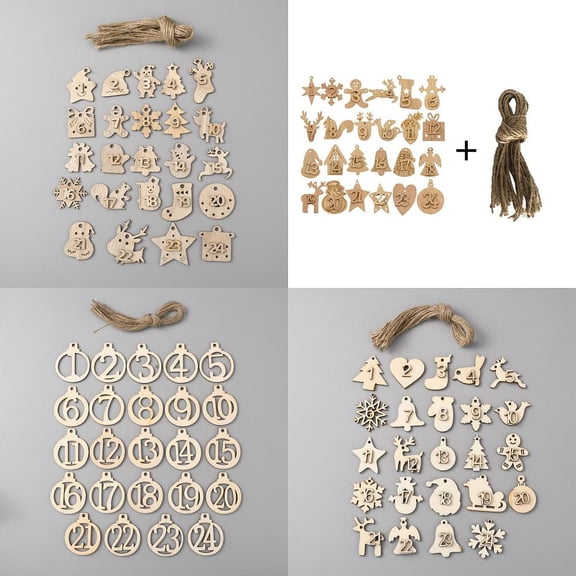 4 Sets Advent Calendar Number Wooden Numbers Pendant Decorations Wooden Number 1-24 Christmas Craft for Christmas Tree Decoration with Jute Rope