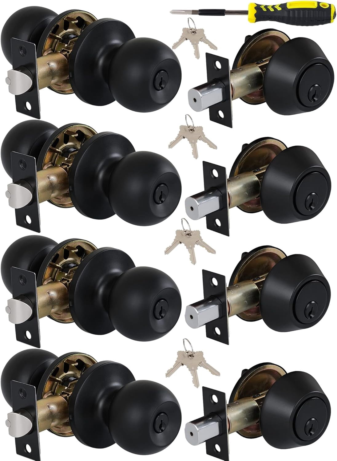 (4 Sets) All Keyed Same Entry Knobs&Single Cylinder Deadbolt for Exterior Front Doors, Round Ball Matte Black Finish Entry Door Lock with Same Keys