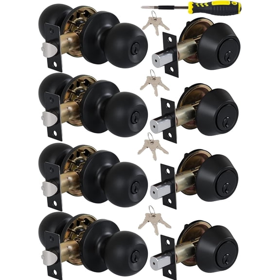 (4 Sets) All Keyed Same Entry Knobs&Single Cylinder Deadbolt for Exterior Front Doors, Round Ball Matte Black Finish Entry Door Lock with Same Keys