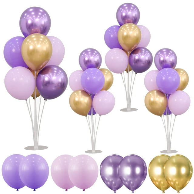 4 Sets Balloon Stands Kit For Table Purple Gold Balloons Holder Sticks