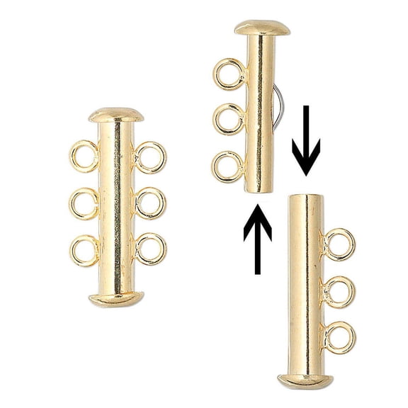 4 Sets BdBeads Multi Strand Slide Lock Tube Jewelry Clasps with Loop Rings, 3 Strand Design, Gold Plated