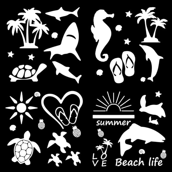 4 Sets Beach Life Decal Turtle Summer Ocean Hippocampus Sticker Plam Tree Heart Flip Flops Graphic Waterproof Reflective