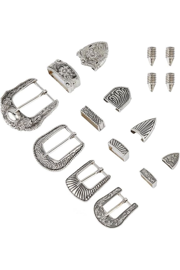 4 Sets Belt Buckle Sets Western Cowboy Buckle Alloy Engraved Silver Buckles Replacement Cowboy Rodeo Belt Hand Polished Buckle Set for DIY Men Women DIY Craft