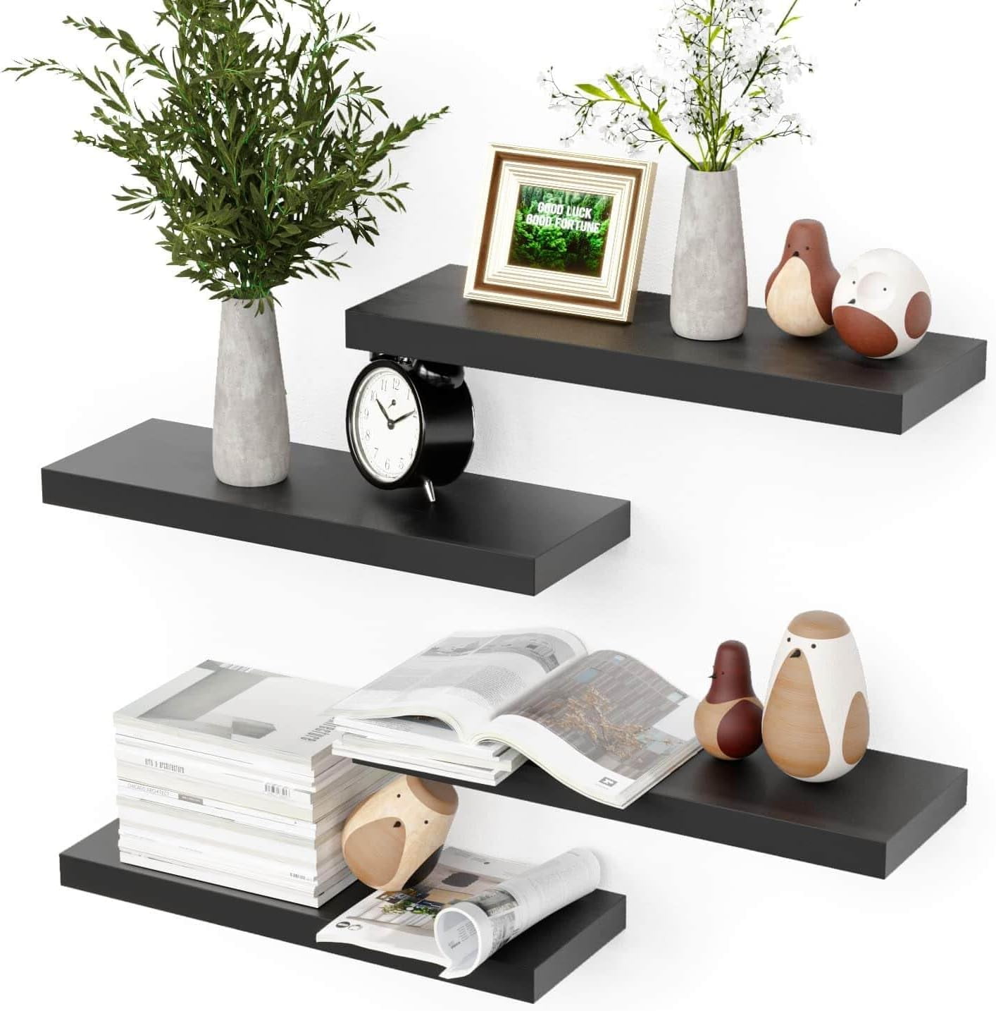 (4 Sets) Black Floating Wall Shelves | Wall-Mounted Display Shelves for ...