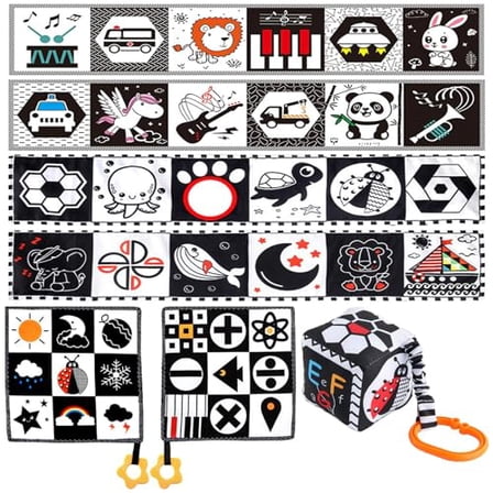 4 Sets Black and White Books 0-6 Months High Contrast Sensory Baby Toys 6 to 12 Months Crinkle Touch Feel Teething Carseat Newborn Shower Gift