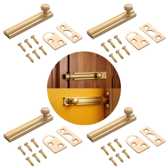 4 Sets Brass Surface Bolt, 3" Brushed Brass Slide Bolt Lock with Screws, Sliding Door Latch Bolt for Cabinet Door, Closet, Bathroom, Bedroom, Barn Door, Home Security