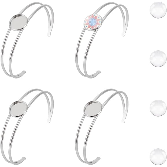 4 Sets Cabochon Cuff Bangle Setting Blank Bangle Making Kits Stainless Steel Open Bangle with Glass Cabochon Adjustable Bangle with 14mm Blanks Tray Bezel for DIY Bracelet Making DIY