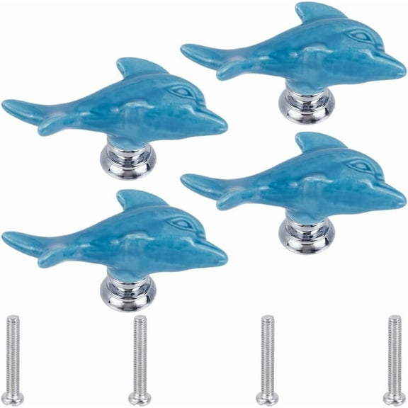4 Sets Ceramic Cabinet Knobs Dolphin Marine Animals Drawer Knobs Theme Ocean Cartoon Style Blue Handmade Dresser Knob Drawer Pulls with Zinc Alloy Finding Iron Screw for Cupboard Kitchen Brown DIY