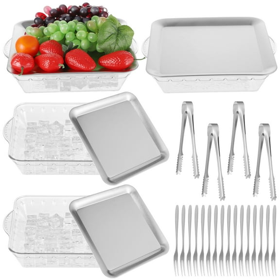 4 Sets Chilled Serving Tray, 9 in Square Ice Chilled Party Platter, Charcuterie Serving Board with Ice Tongs and Forks for Outdoor Buffet, Fruit, Appetizer, Seafood, Cold Dish, Picnic