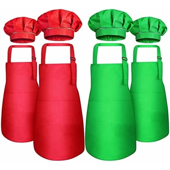 4 Sets Christmas Kids Apron and Chef Hat Boys Girls Aprons with 2 Pockets Hats Cooking Kitchen Painting Baking Wear (Classic)
