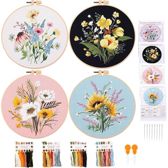 4 Sets Cross Stitch Embroidery Kits for Beginners, Flower Stamped Pre Printed Cross Stitch Kits, Full Range of Embroidery Starter Kit with Instructions, 4PCS Embroidery Hoops, Threads and Tools