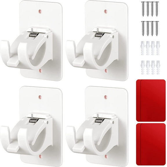 4 Sets Curtain Rod Bracket Holder, Curtain Rods No Drilling Adhesive Curtain Rod Holder Curtain Rod Bracket Curtain Hangers No Drilling Hooks Mounting Screws, Anchors and Sticky Strips, White