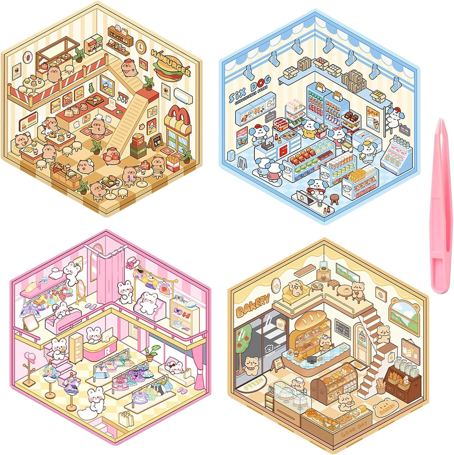 4 Sets DIY 3D House Stickers, 3D Sticker Scene Miniature Scene Stickers ...