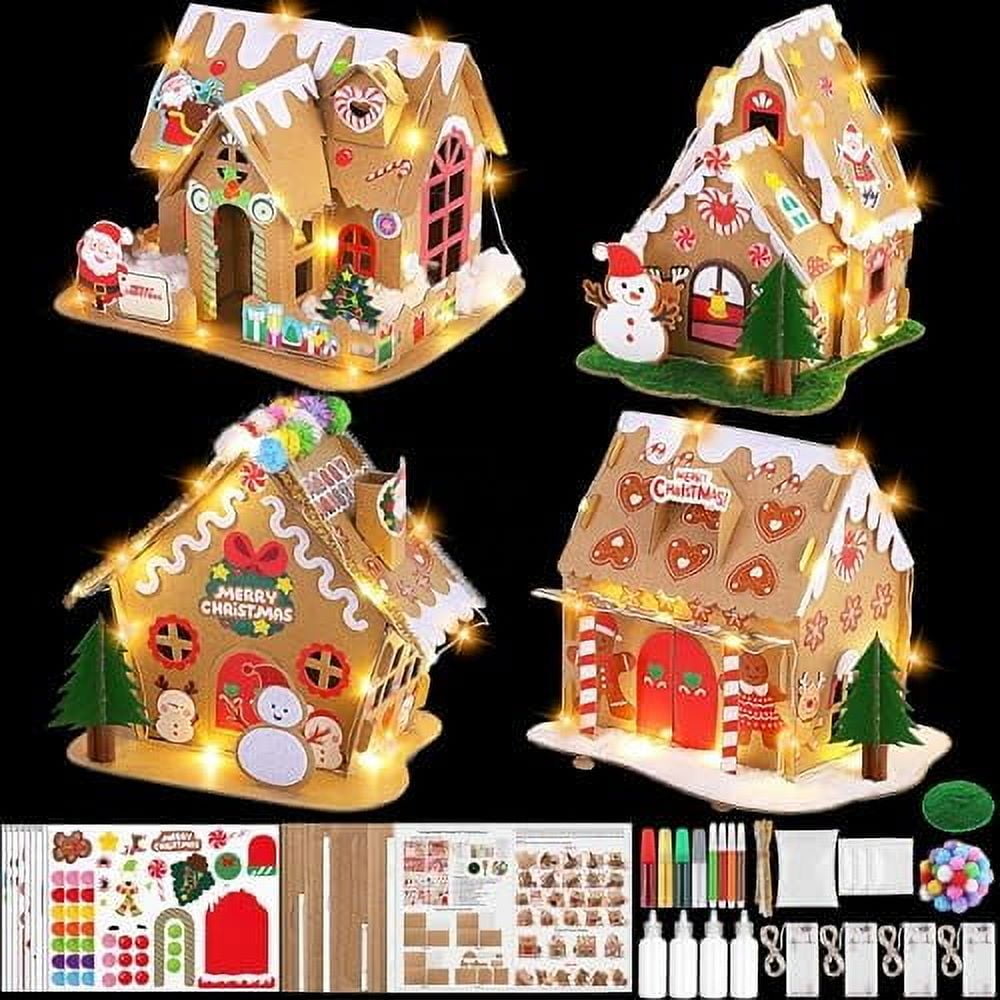 4 Sets DIY Christmas Gingerbread House Kit with Lights Cardboard Christmas Craft Kit Gingerbread House Decor Make a Gingerbread House for Christmas Party Games DIY Home Decor (Fence Style) White