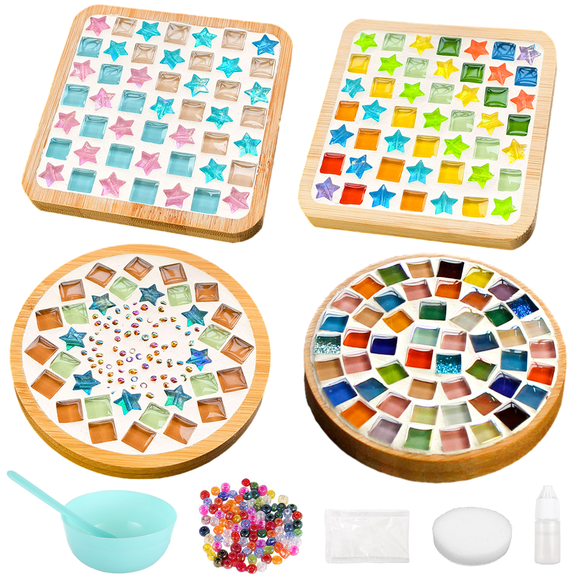 4 Sets DIY Mosaic Tiles for Cup Pads Crafts, Mosaic Pad Crafts for Coaster Handmade Home Decor Gifts, Mixed Color Mosaic Kits with Wooden Coaster