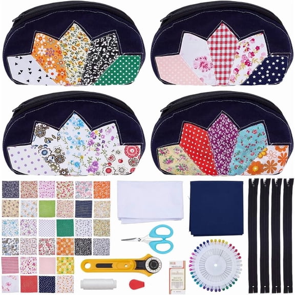 4 Sets DIY Quilted Cosmetic Bag Kit for Adult Beginners Small Quilted Zipper Bag Making Kit with Video Tutorial Handmade Makeup Organizer Pouch for Women Valentine's Day DIY Sewing Craft Gift