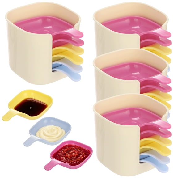 4 Sets Colored Dipping Sauce Dishes with Holder, 24 Pcs Stackable Mini Bowls with Handles, Plastic Condiment Plates for Sushi, Appetizers, Soy Sauce, Party & Kitchen