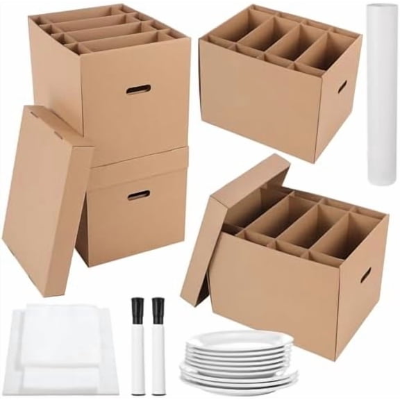 4 Sets Dish Moving Boxes with Divider and Lid Kits 16 x 12 x 12" Dish Packing Boxes with Handle 72 Foam Pouches 100 Packing Papers 2 Markers for Kitchen Tableware Glassware