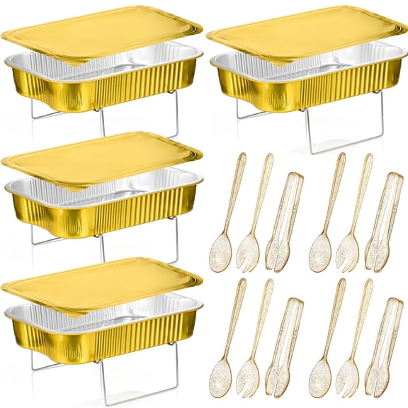 4 Sets Disposable Chafing Dish Buffet Set with Wire Racks, Buffet Stand, Serving Trays, Food Warmers, and Serving Utensils Large Catering Supplies Kit