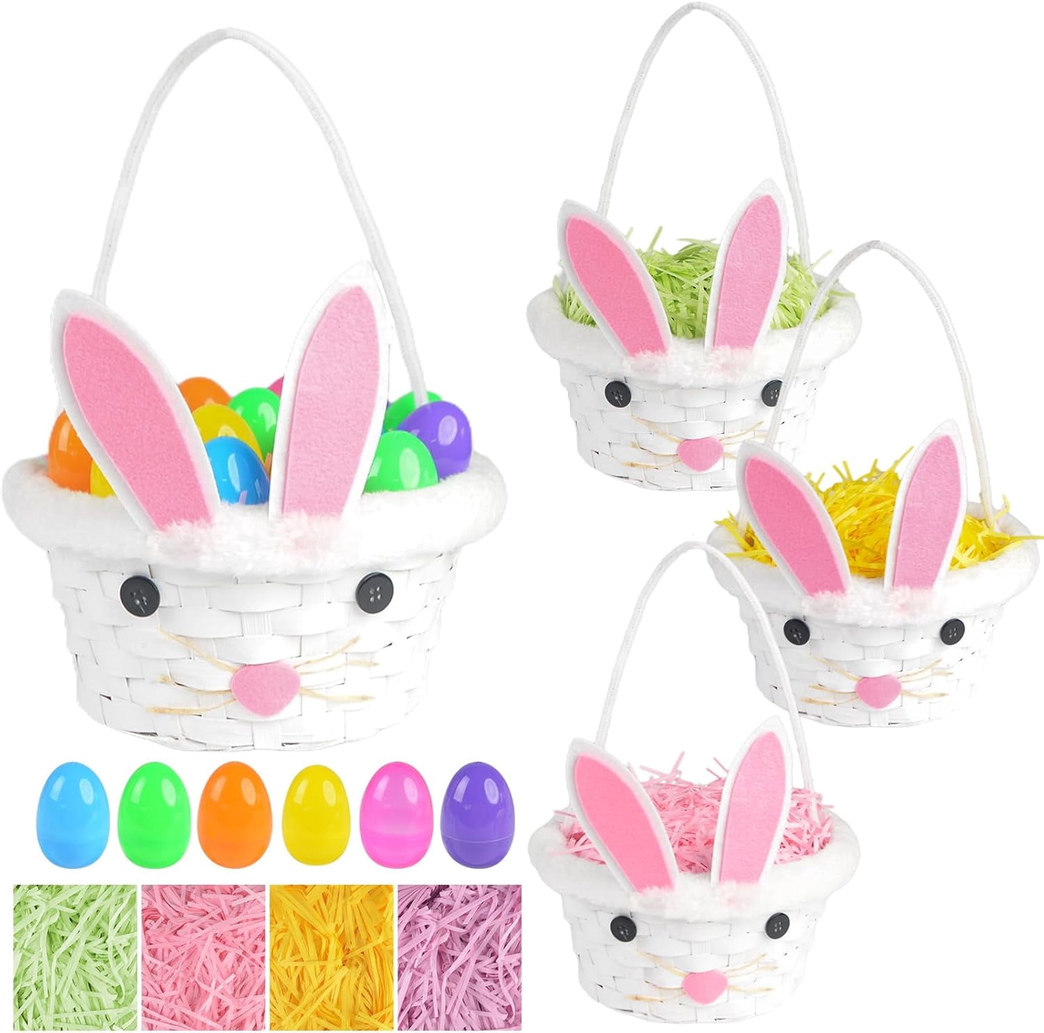 4 Sets Easter Bunny Ear Woven Baskets Set, Easter Eggs Hunting Bucket Wicker with 4 Colors Grass Paper Filler & 20PCS Empty Eggs, Large Candy Wicker Storage Basket with Handle for Party Favor Picnic