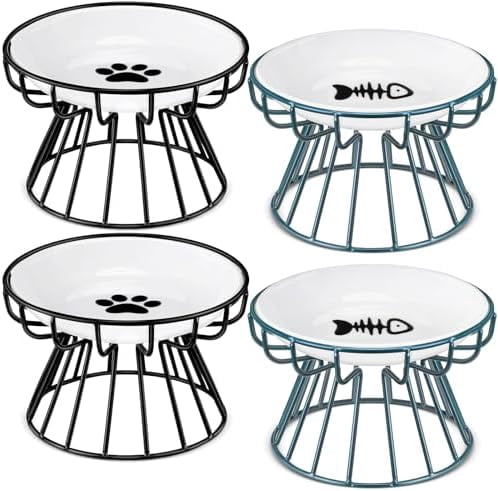 4 Sets Elevated Cat Bowls Ceramic Raised Cat Food Bowls with Metal Stand Dishwasher Safe Dishes Non Slip Elevated Food Plate(Black, Green,Fishbone, Paw)
