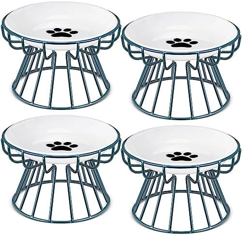 4 Sets Elevated Cat Bowls Ceramic Raised Cat Food Bowls with Metal Stand Dishwasher Safe Dishes Non Slip Elevated Food Plate(Green,Paw)