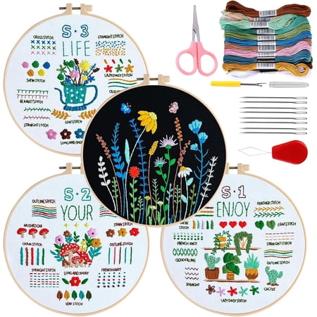 4 Sets Embroidery Kit for Beginners, Cross Stitch Kits with 2 embroidery Hoops, Including Sewing Thread, Needles and Instructions, Beginner Embroidery kit for Adults, Needle Point