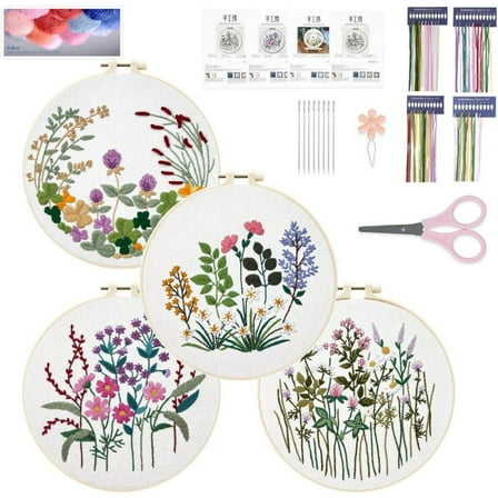 4 Sets Embroidery Kit for Beginners Adults Floral Stamped Cross Stitch Kits