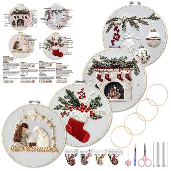 4 Sets Embroidery Kits for Beginners Adults, Cross Stitch Kits with Instruction Video, Needlepoint Kits with Holly Fireplace Stocking Nativity Patterns (Christmas, 4 Pack)