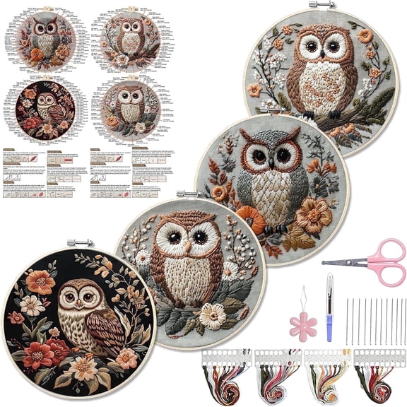 4 Sets Embroidery Kits for Beginners Adults, Cross Stitch Kits, Needlepoint Kits with Instruction, Video, Needle Point Kits (Advanced Owl)