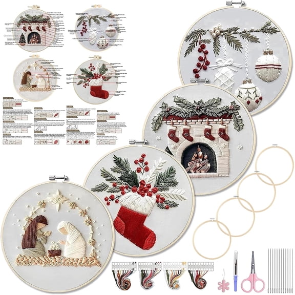 4 Sets Embroidery Kits for Beginners Adults, Cross Stitch Kits, Needlepoint Kits with Instruction, Video, Needle Point Kits (Christmas A)