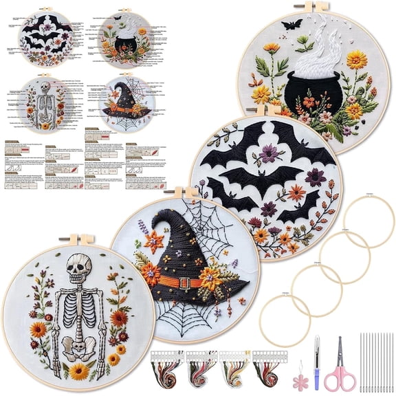 4 Sets Embroidery Kits for Beginners Adults, Cross Stitch Kits, Needlepoint Kits with Instruction, Video, Needle Point Kits (Halloween)