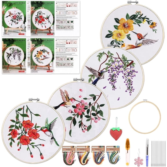 4 Sets Embroidery Kits for Beginners Adults, Cross Stitch Kits, Needlepoint Kits with Instruction, Video, Needle Point Kits (Hummingbird)