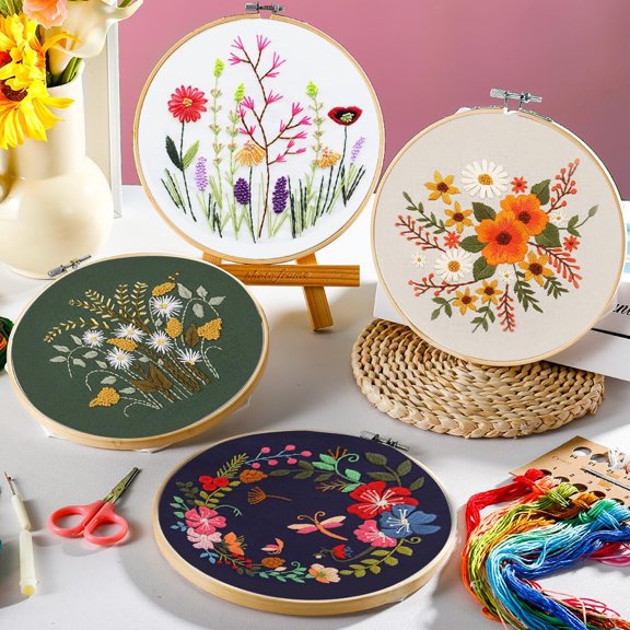 4 Sets Embroidery Starter Kit for Beginners Stamped Cross Stitch Kits with Cute Flowers and Plants Patterns with 1 Embroidery Hoop and Color Threads for Adults Kids