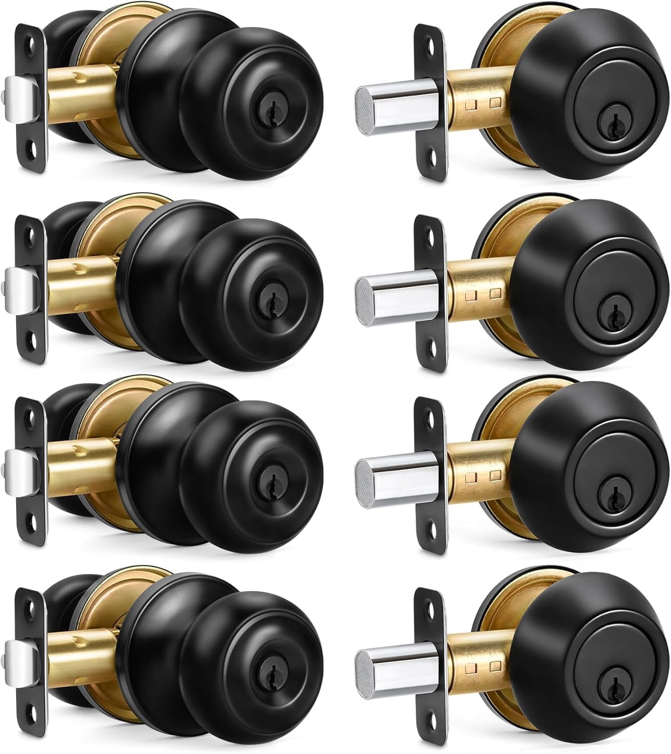 4 Sets Entry Door Knob and Single Cylinder Deadbolt Combo, Keyed Alike Round Ball Matte Black Exterior Door Locks with Keys for Front Door Security