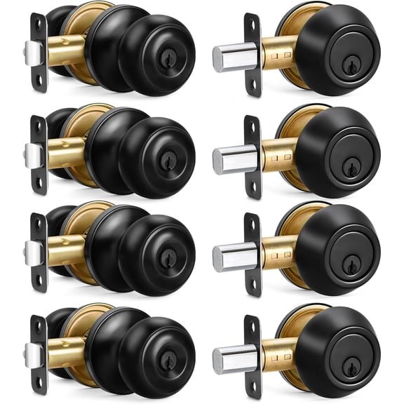 4 Sets Entry Door Knob and Single Cylinder Deadbolt Combo Set, Keyed Alike Round Ball Matte Black Exterior Door Knobs with Lock and Keys for Entrance and Front Door