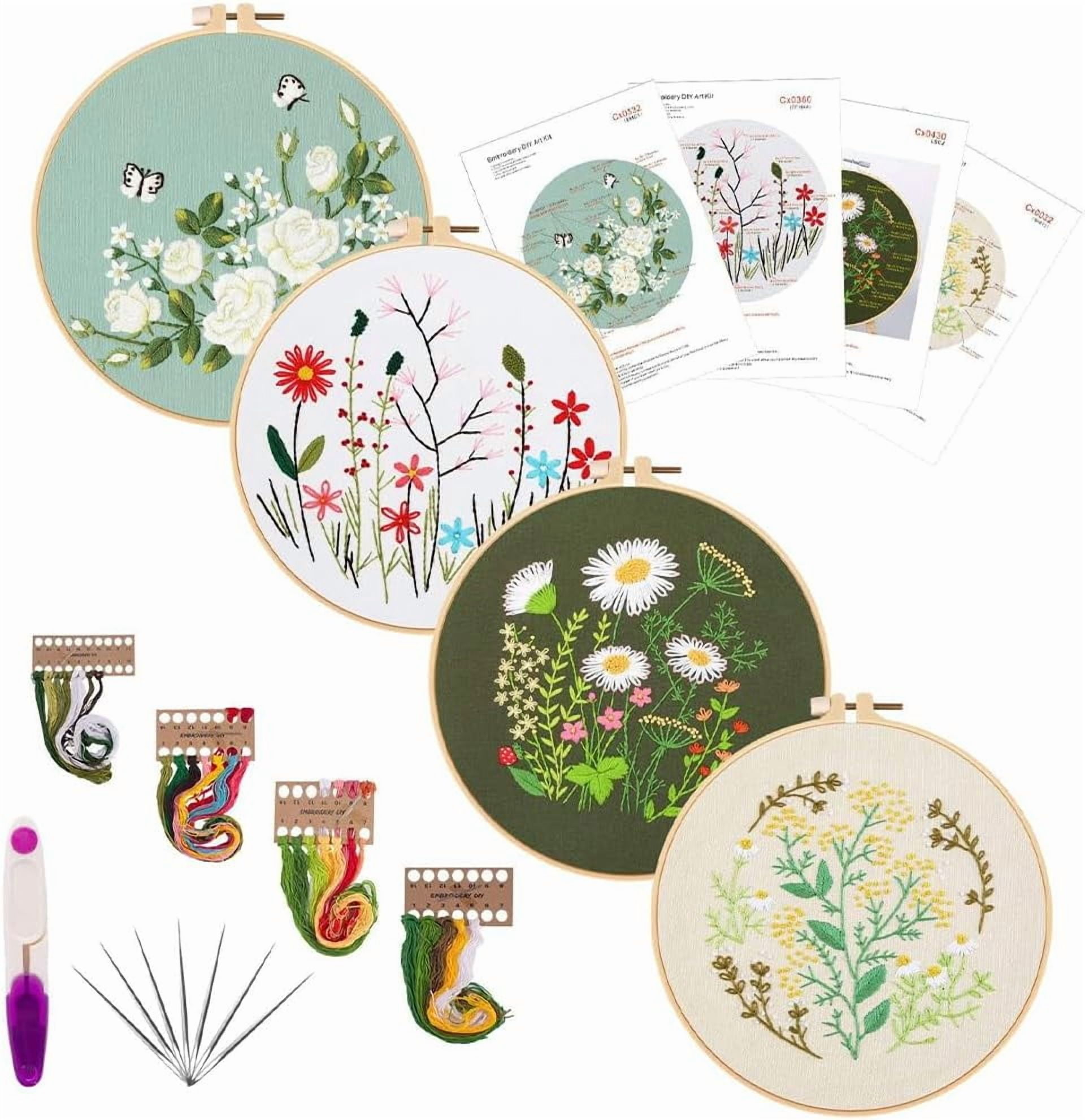 4 Sets Flower Embroidery Kit Floral Embroidery Pattern Spring Floral Plant Colorful with Cloth Hoop Threads Needles Sewing Skill Techniques Stamped Stitch Kits for Adult Beginners Craft 1set