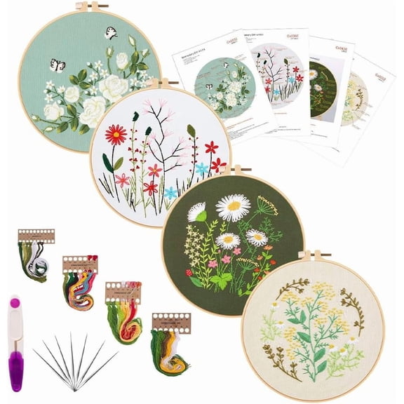 4 Sets Flower Embroidery Kit Floral Embroidery Pattern Spring Floral Plant Colorful with Cloth Hoop Threads Needles Sewing Skill Techniques Stamped Stitch Kits for Adult Beginners Craft 1set