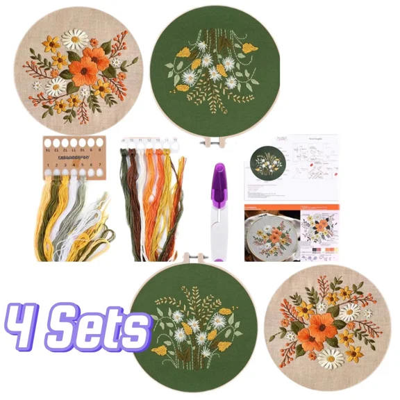 4 Sets Full Range Embroidery Starter Kit Clothes Hoops Scissors Cross Stitch Kit