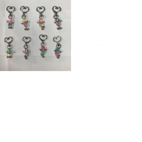 4 Sets Handmade Polymer Clay Beaded Angel Pendant Decorations Heart Shape Swivel Lobster Clasp Charms with Iron Bell and Alloy Wing Mixed Color 67mm