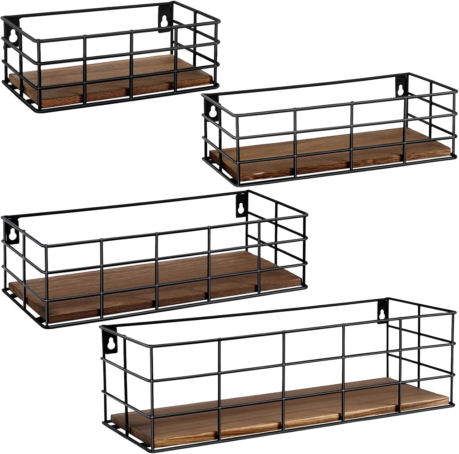 4 Sets of Hanging Floating Shelves, Metal Wire Storage Basket with Wood Bottoms, Hanging Storage Wall Shelf, Wall Mounted Shelves for Home Bathroom Living Room Bedroom Kitchen