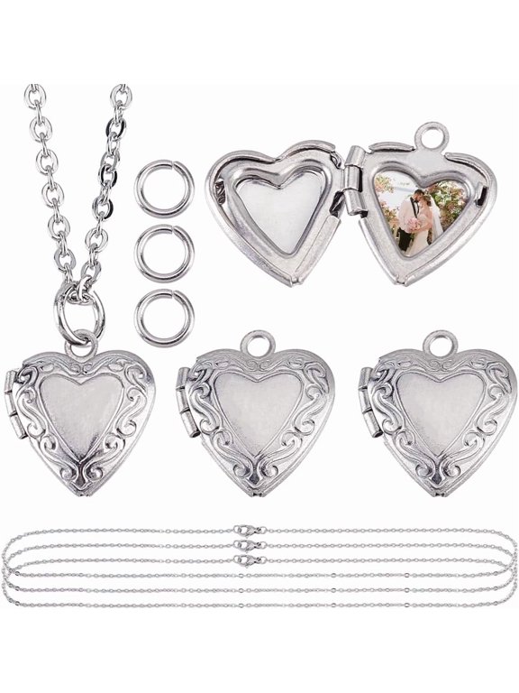4 Sets Heart Locket Necklace Stainless Steel Photo Locket Pendant Love Shape Memory Charms Metal Heart Photo Frame Pendants for Valentine Gifts Necklace Jewelry Making Silver