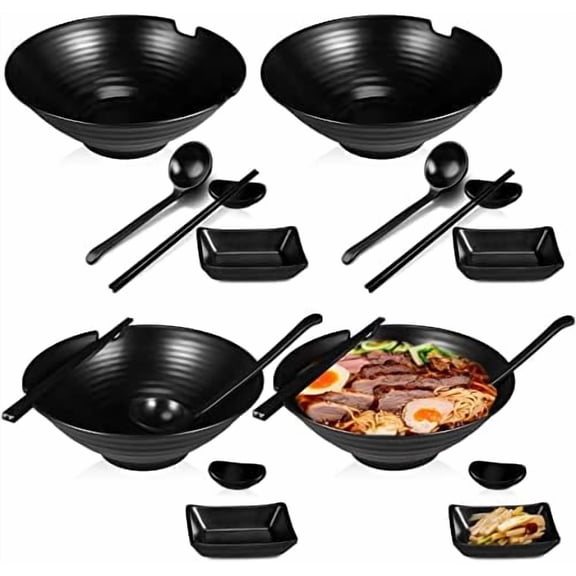 4 Sets Japanese Ramen Bowl Set 37 oz Black Large Ramen Noodle Bowl Asian Chinese Korean Miso Soup Bowl with Spoons Chopsticks Saucers and Chopsticks Holders for Pho Udon Thai Soba