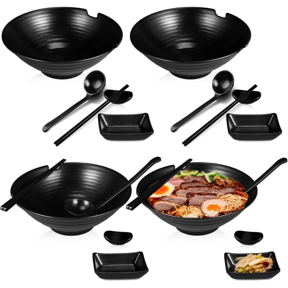 4 Sets Japanese Ramen Bowl Set 37 oz Black Large Ramen Noodle Bowl Asian Chinese Korean Miso Soup Bowl with Spoons Chopsticks Saucers and Chopsticks Holders for Pho Udon Thai Soba