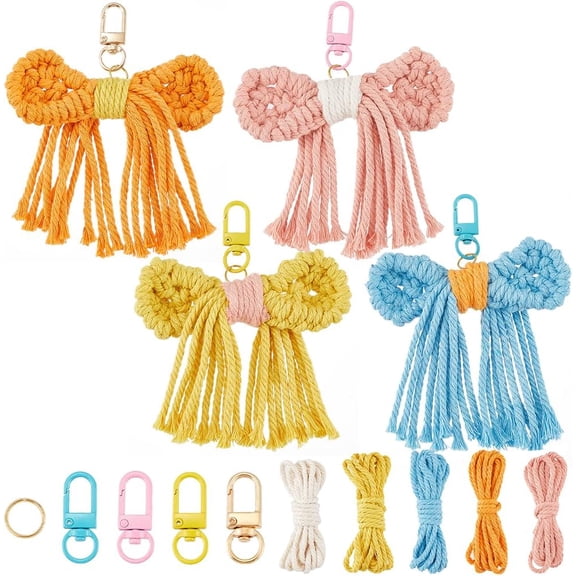 4 Sets Keychain Making Kit Macrame Keychain Kit Bowknot Macrame Keychains with Instruction Macrame Tassel Kit for Beginners Adults Handbags DIY Hanging Ornament Decoration for DIY