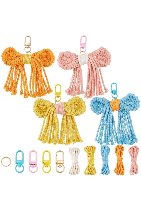 4 Sets Keychain Making Kit Macrame Keychain Kit Bowknot Macrame Keychains with Instruction Macrame Tassel Kit for DIY Hanging Ornament Decoration