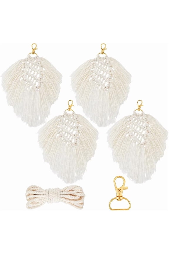 4 Sets Keychain Making Kit Macrame Keychain Kits Instruction Included Keychain Making Kit with Gold Key Ring Boho Style Macrame Kit for Beginners Adults Handbags DIY Hanging Ornament Decor