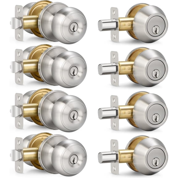 4 Sets Keyed Alike Entry Door Knob & Single Cylinder Deadbolt Combo, ANSI Grade 3, Satin Nickel